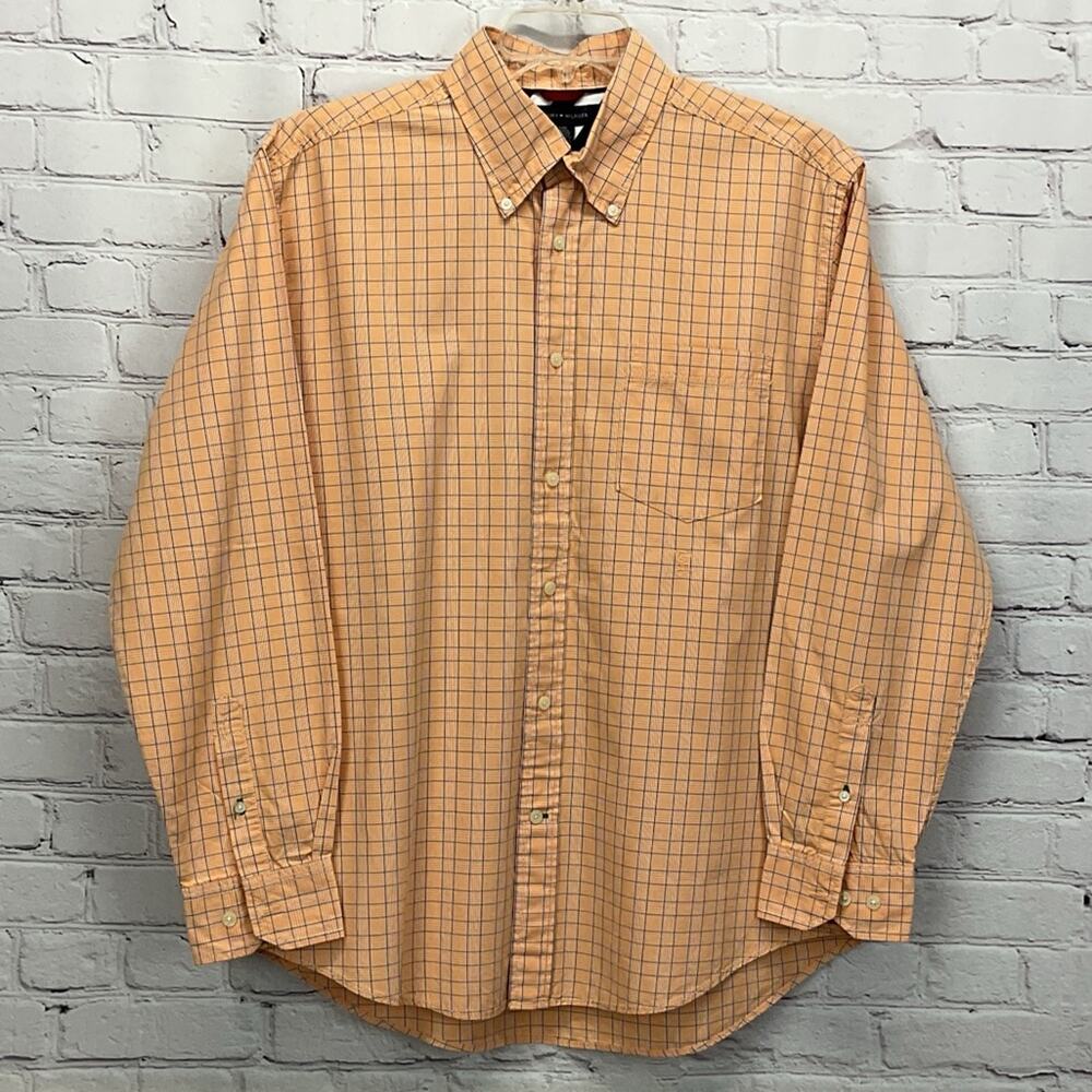 Tommy Hilfiger Shirt Mens Size L Peach/Blue Plaid Button Down Casual Pocket Logo